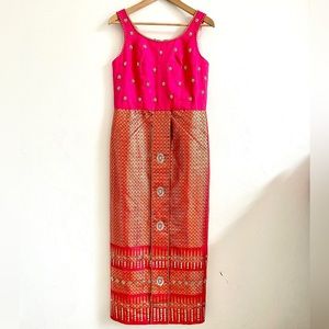 Vintage Magenta Glam Pink Bead Sequin Silver Gold Lurex Dress Elegant Party Gown